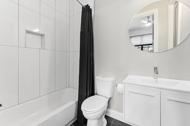 full bath featuring vanity, shower / bath combination with curtain, toilet, and baseboards