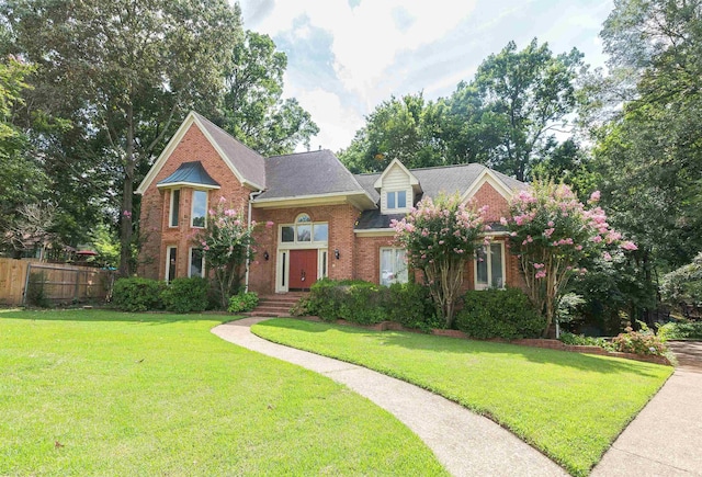 traditional-style house with brick siding, a front lawn, and fence