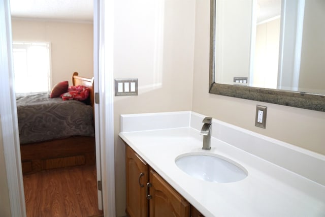 bathroom with ensuite bath, wood finished floors, and vanity