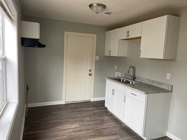 kitchen with a textured ceiling, a sink, visible vents, baseboards, and dark wood-style floors