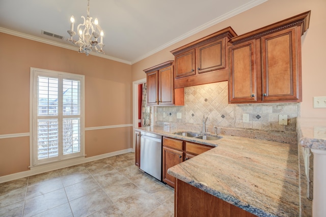 kitchen with a sink, crown molding, brown cabinets, and dishwasher