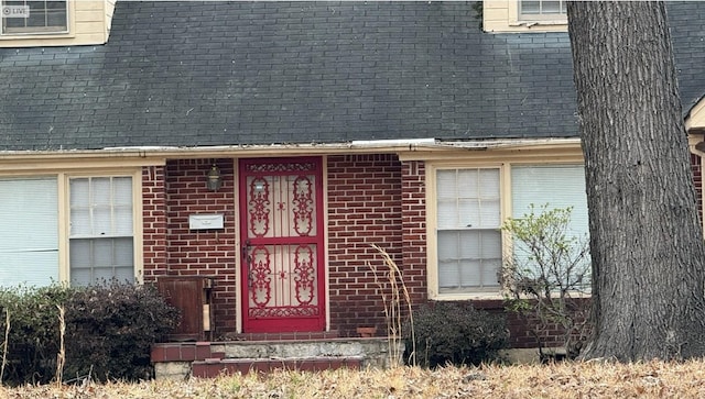 doorway to property featuring a shingled roof and brick siding