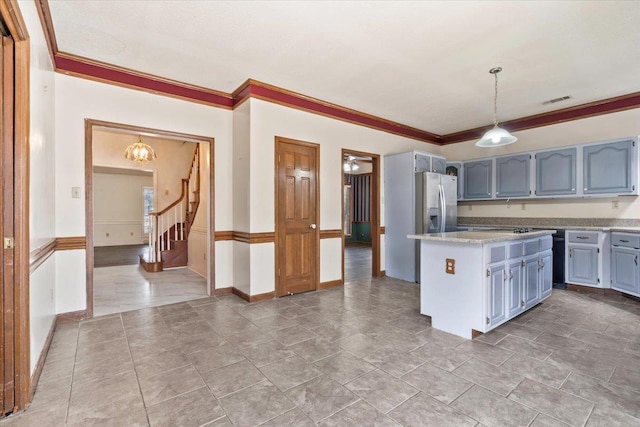 kitchen featuring a kitchen island, decorative light fixtures, gray cabinets, crown molding, and stainless steel refrigerator with ice dispenser