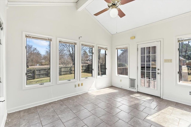 unfurnished sunroom with vaulted ceiling with beams and ceiling fan