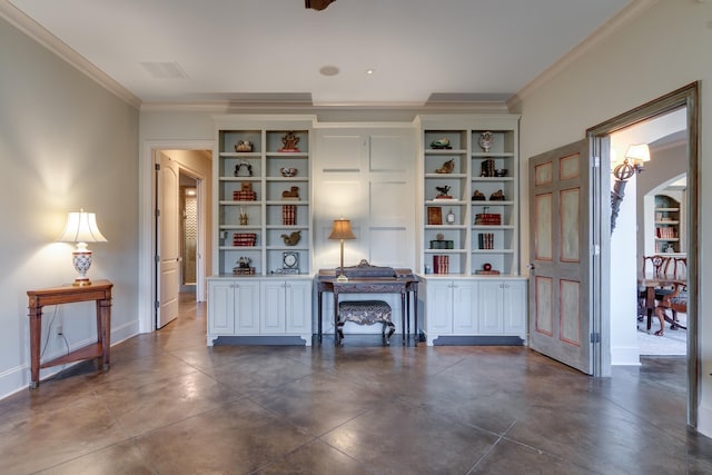 interior space featuring visible vents, arched walkways, baseboards, and ornamental molding