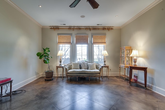 living area with ornamental molding, visible vents, and baseboards