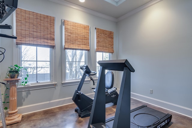 workout room featuring plenty of natural light, baseboards, and crown molding