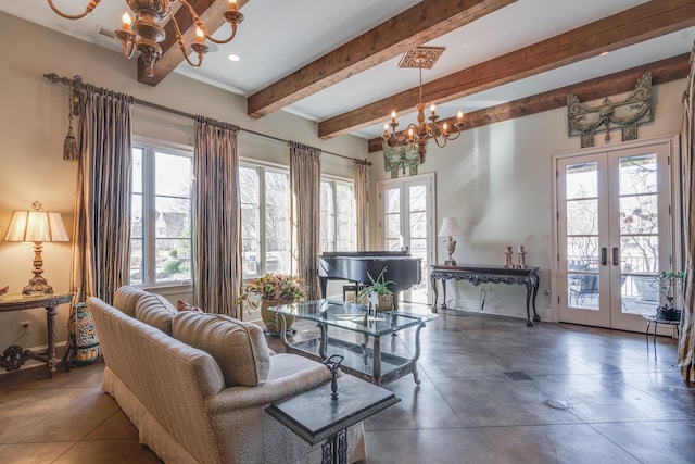 living room with french doors, a healthy amount of sunlight, beam ceiling, and a notable chandelier