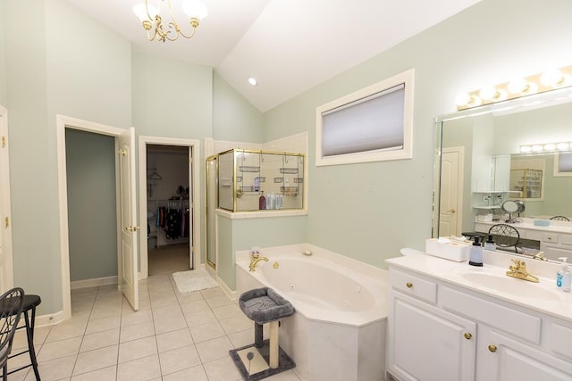 full bathroom featuring vanity, vaulted ceiling, a shower stall, tile patterned floors, and a tub with jets