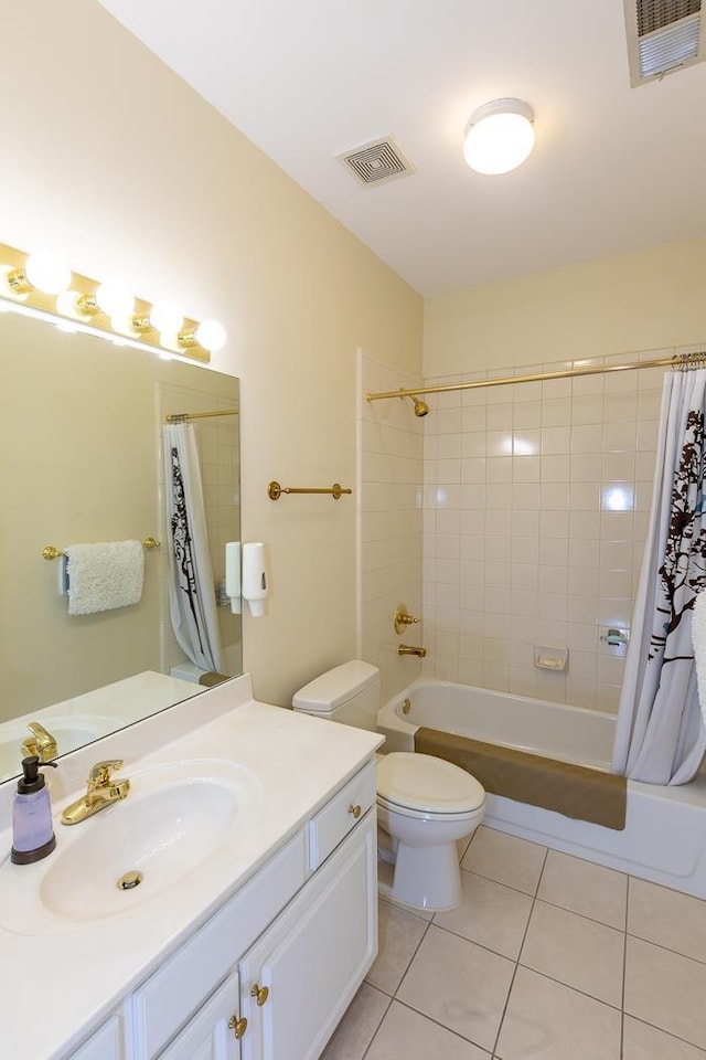 bathroom with toilet, visible vents, shower / bath combo with shower curtain, and tile patterned floors