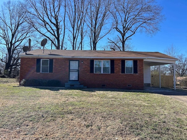 single story home with brick siding, driveway, crawl space, a carport, and a front lawn