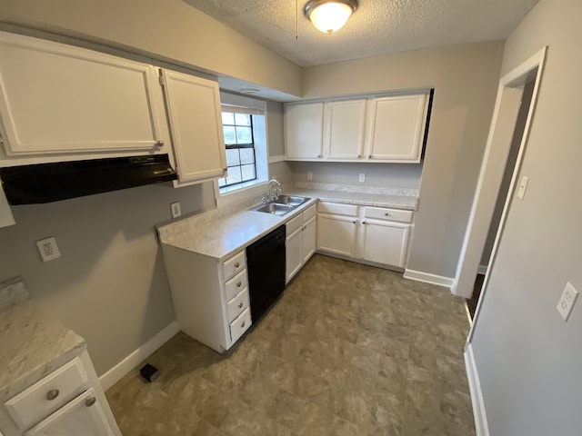 kitchen featuring a textured ceiling, a sink, white cabinets, black dishwasher, and light countertops