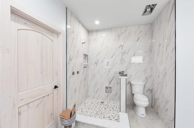 full bath with toilet and a marble finish shower