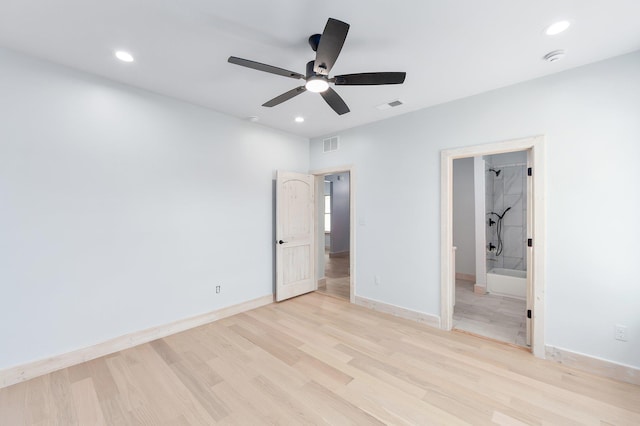 unfurnished bedroom with light wood-style flooring, recessed lighting, visible vents, and baseboards