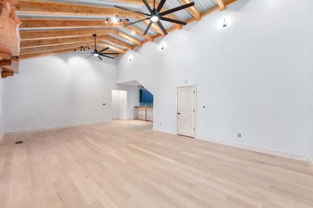 unfurnished living room with baseboards, visible vents, a ceiling fan, light wood-style flooring, and beam ceiling