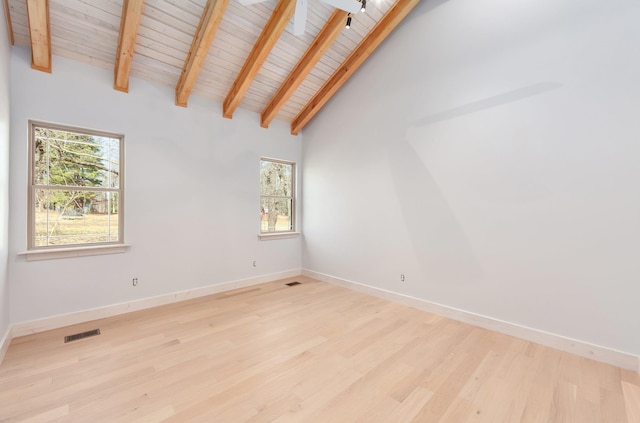 spare room with lofted ceiling with beams, wood finished floors, wood ceiling, visible vents, and baseboards