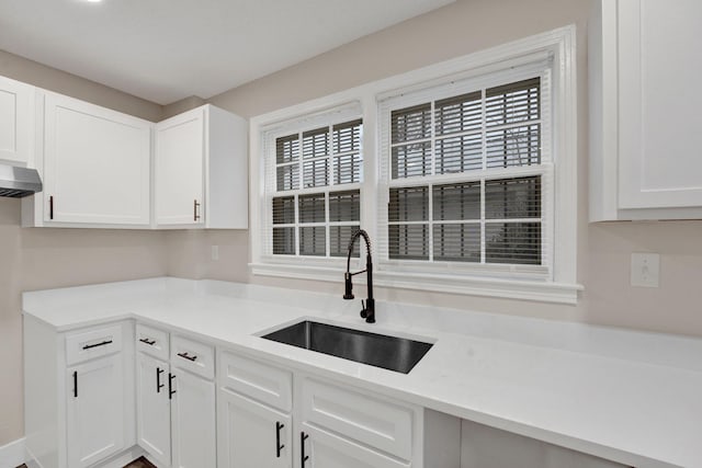 kitchen featuring light countertops, a wealth of natural light, a sink, and white cabinetry