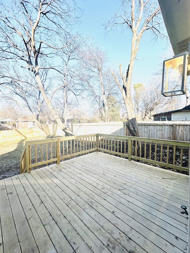 wooden terrace with a fenced backyard