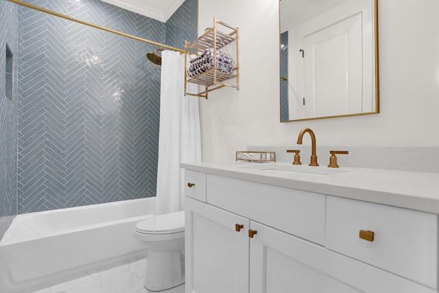 bathroom with shower / bath combination with curtain, marble finish floor, vanity, and toilet