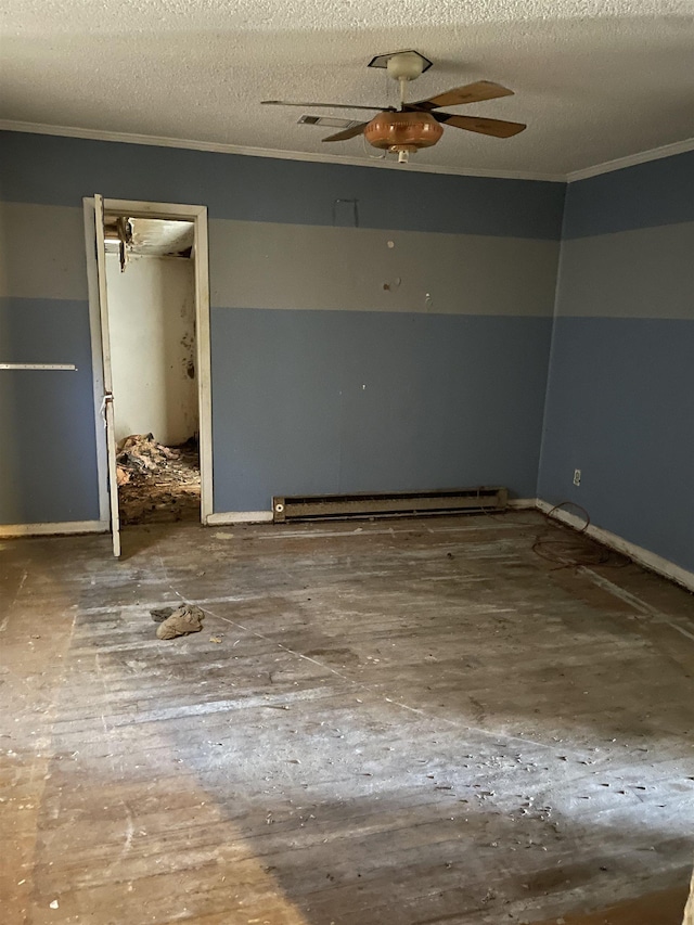 interior space featuring a baseboard radiator, a textured ceiling, ceiling fan, and crown molding