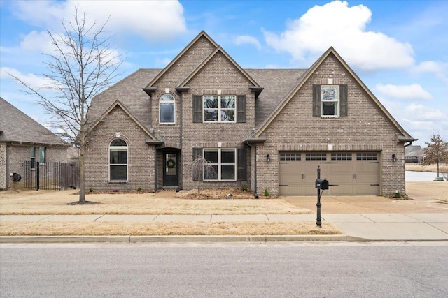 view of front of property featuring a garage, brick siding, a shingled roof, fence, and driveway