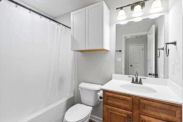 bathroom featuring toilet, vanity, and shower / bathtub combination with curtain