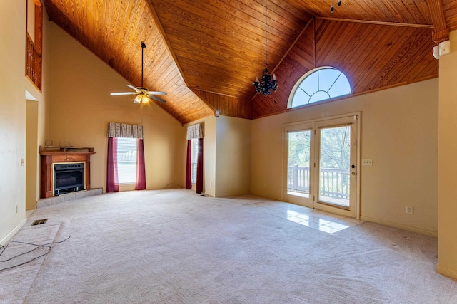 unfurnished living room with visible vents, carpet floors, high vaulted ceiling, and wood ceiling