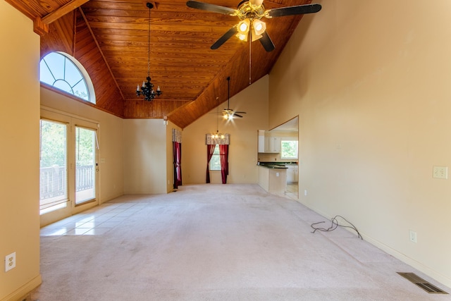 unfurnished living room with wooden ceiling, high vaulted ceiling, carpet, and visible vents