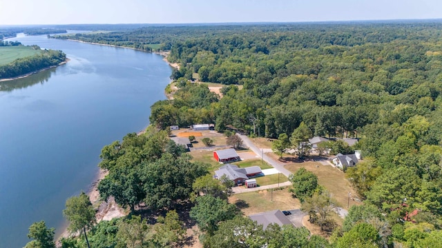 birds eye view of property featuring a water view and a wooded view