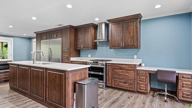 kitchen featuring appliances with stainless steel finishes, a sink, crown molding, and wall chimney exhaust hood