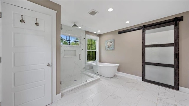 full bath with marble finish floor, a marble finish shower, visible vents, and baseboards