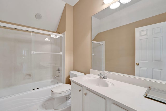 full bath with toilet, combined bath / shower with glass door, vaulted ceiling, vanity, and tile patterned flooring