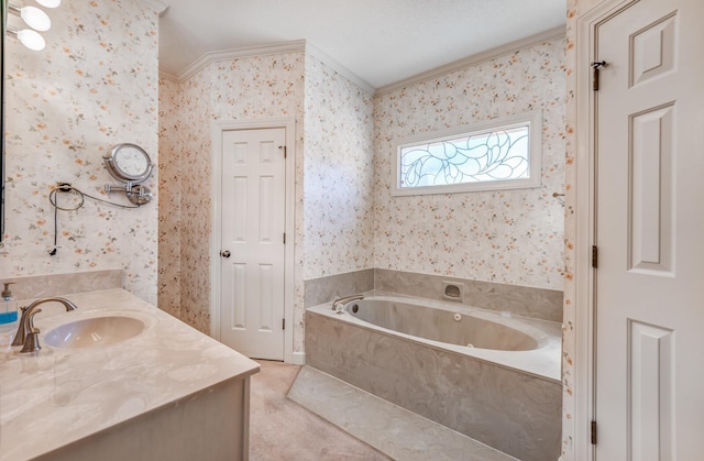 full bath with ornamental molding and wallpapered walls