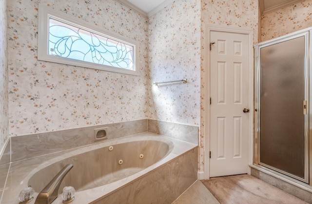 full bathroom with a whirlpool tub, ornamental molding, a stall shower, and wallpapered walls