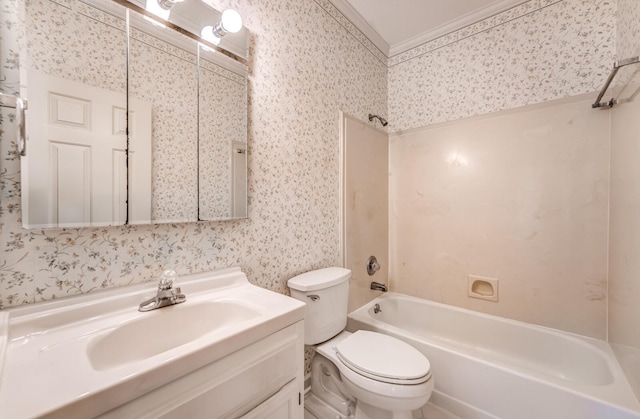 full bathroom featuring shower / tub combination, toilet, vanity, wallpapered walls, and crown molding