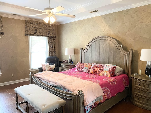 bedroom featuring ornamental molding, baseboards, visible vents, and dark wood-type flooring