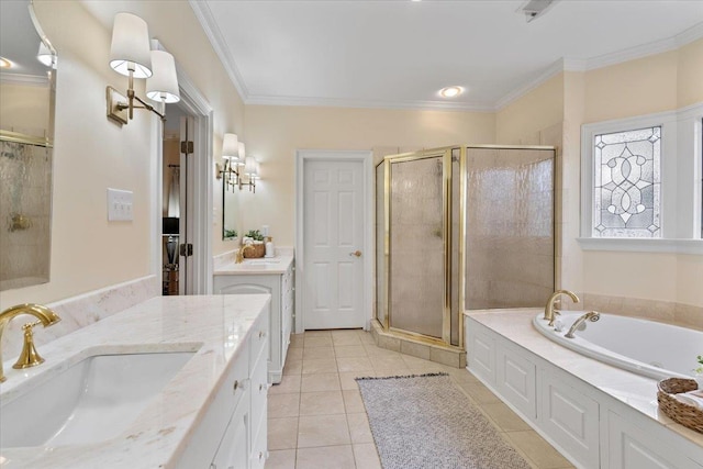 bathroom with two vanities, ornamental molding, a sink, a shower stall, and tile patterned floors