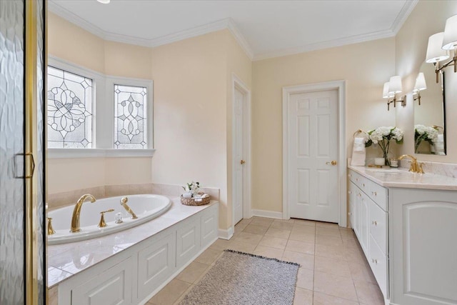 full bathroom featuring a garden tub, vanity, baseboards, tile patterned floors, and crown molding