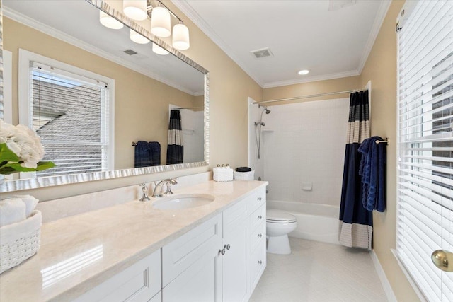 bathroom featuring toilet, crown molding, visible vents, vanity, and shower / bathtub combination with curtain