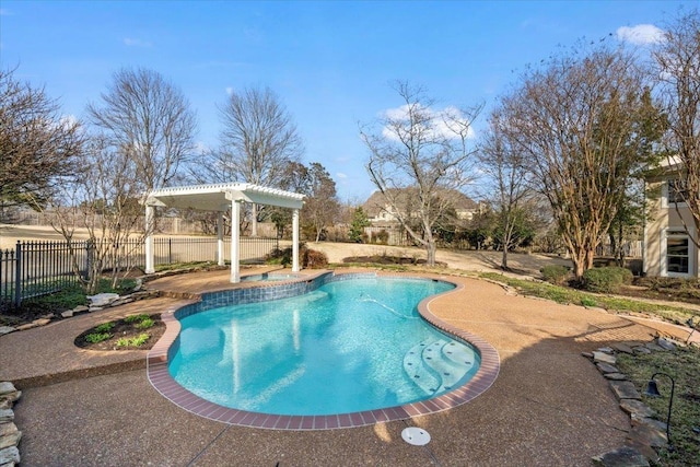 view of swimming pool with a patio area, a fenced in pool, fence, and a pergola