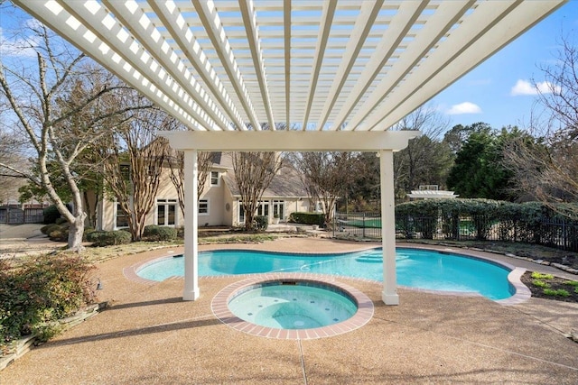 view of swimming pool featuring a fenced in pool, a patio, fence, a pergola, and an in ground hot tub