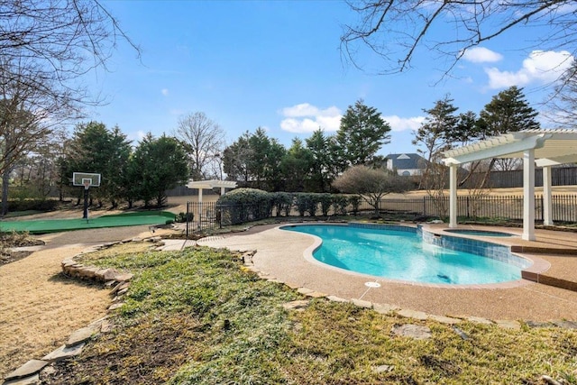 view of pool with fence, a fenced in pool, and a pergola