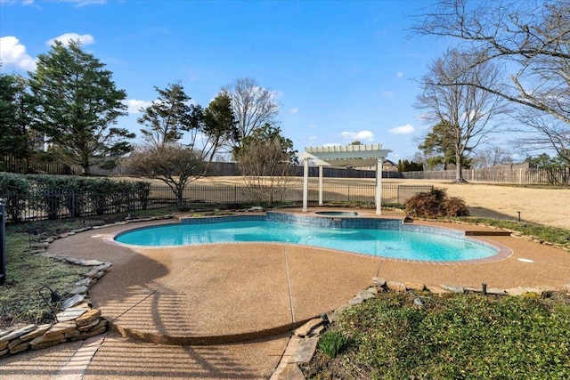 view of pool with a fenced in pool, a pergola, a fenced backyard, and an in ground hot tub