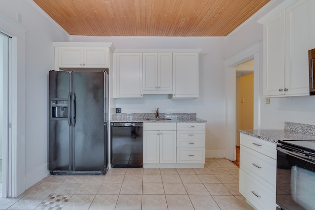 kitchen featuring light stone counters, wooden ceiling, a sink, white cabinets, and black appliances