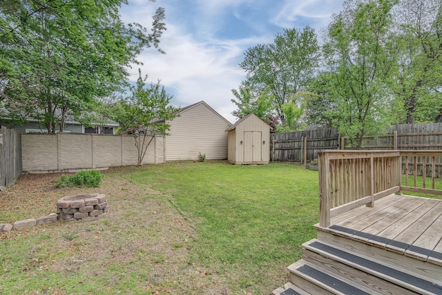 view of yard with an outbuilding, a shed, a fenced backyard, and a deck