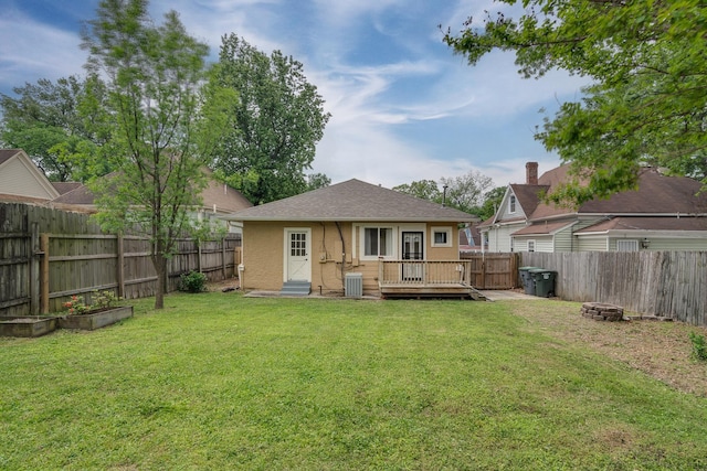 rear view of house with a deck, a fenced backyard, a yard, a vegetable garden, and stucco siding