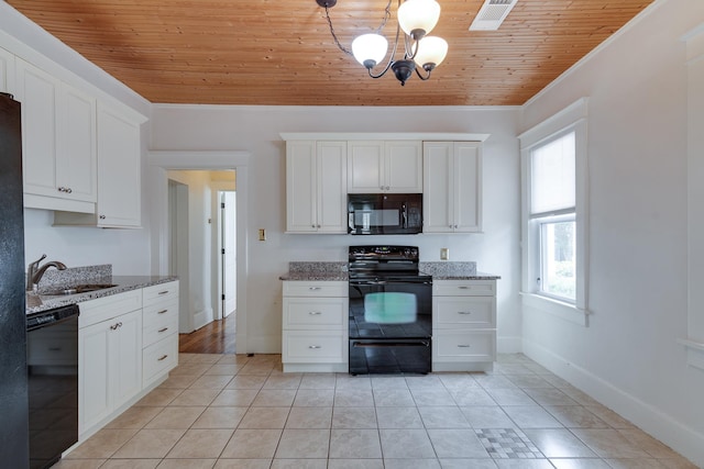 kitchen with light tile patterned floors, a sink, wood ceiling, visible vents, and black appliances