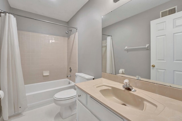 bathroom with visible vents, toilet, shower / bath combo, vanity, and tile patterned floors