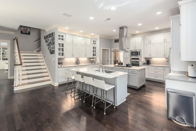 kitchen with an island with sink, appliances with stainless steel finishes, ornamental molding, island exhaust hood, and a sink