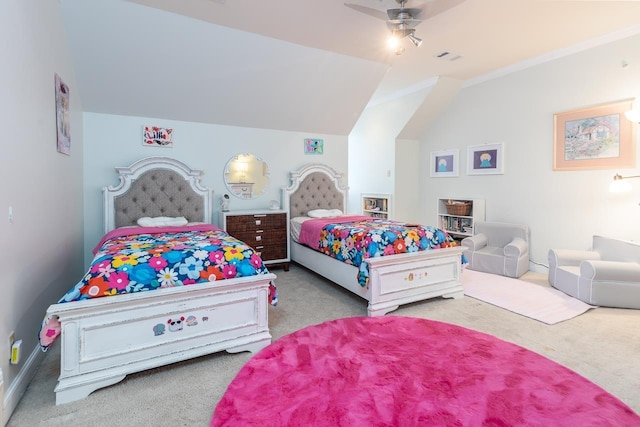 bedroom with ceiling fan, carpet, visible vents, and vaulted ceiling